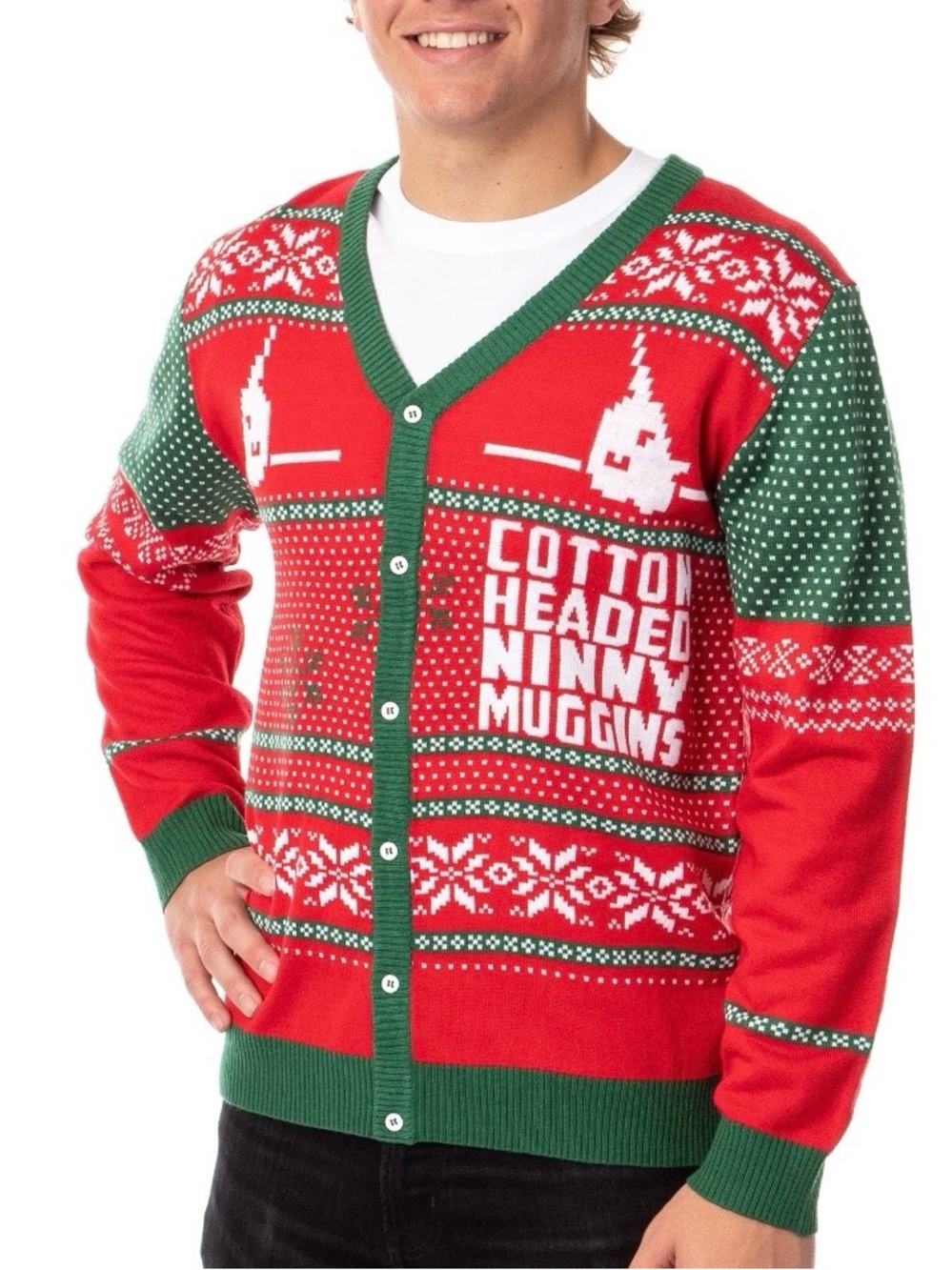 ELF The Movie Cotton Headed Ninny Muggins Ugly Christmas Sweater Cardigan Unisex
